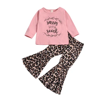 0-3Y Moda Çocuk Kız Giyim Setleri Toddler Mektup Baskı Uzun Kollu T Shirt Tops + Leopar Flare Pantolon Kıyafetler
