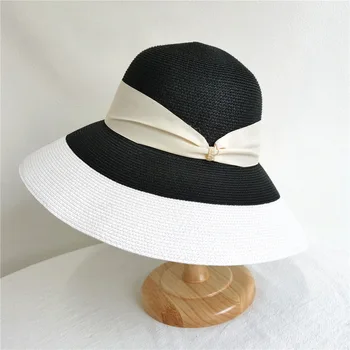 13cm Büyük Ağız Şerit Yaz geniş disk şapka Cloche Patchwork Geniş Ağız güneş şapkaları Kadınlar Bayanlar için Kilise Parti Derby Panama Şapka
