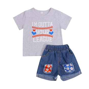 2 Adet Küçük Kızlar Kıyafet, Toddlers Yuvarlak Yaka Kısa Kollu Mektup Kalp Üst + Beyzbol Baskı Ekleme Ripped Denim Şort