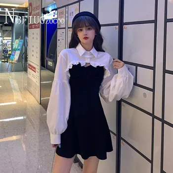 2020 Sonbahar Yeni Kore Retro Beyaz Bluz Ve Spagetti kemerli elbise Kadın Setleri Mizaç Moda Kadın Setleri