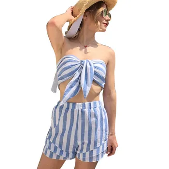 2020 Yaz Plaj Kadın İki Parçalı Takım Elbise Seti Seksi Kendinden kravat Yay Kırpma Üst ve kısa pantolon 2 Parça Set Rahat Çizgili Kadın Giyim