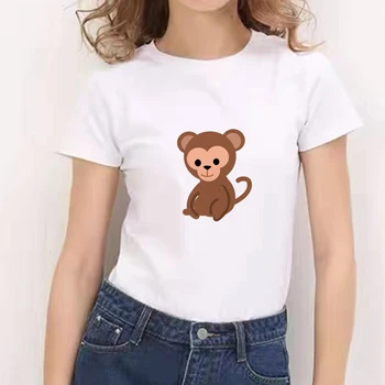 2021 Kore Moda Kadın T Shirt Kawaii Maymun Grafik Baskı Yaz Kısa Kollu O Boyun Beyaz Tişörtleri Bayan Kızlar Büyük Boy Tees