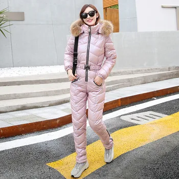 2021 Kış Yeni Tek Parça Kayak Takım Elbise Kadın Düz Renk Aşağı pamuk Parlak Seti Kapşonlu Açık Uygun Soğuk Hava-20 ℃ Sıcak Seti