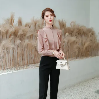 2021 Moda Zarif Pembe Gömlek Bayan Bluzlar Uzun Kollu Bayan Ofis Üstleri Kadın Dış Giyim Rahat Basit Giysiler Sonbahar Bahar