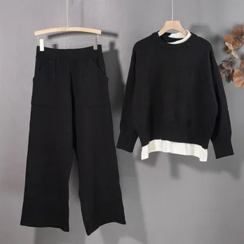 2021 Sonbahar Kış Kadın Setleri 2 Parça Örme Kazak Geniş Bacak Uzun pantolon Cepler Sıcak Eşofman Takım Elbise