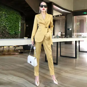 2021 Yeni Bahar kadın Blazer Takım Elbise İki Adet Zarif İpek Sashes Ceket Pantolon Ofis Bayan İpek Dış Giyim Blazer Takım Seti