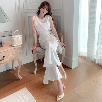 2022 Beyaz Kolsuz Kemer Üstleri ve Uzun Çan dipleri Pantolon Takım Elbise Sonbahar High-end Kadın Takım Elbise Rahat Zarif Ofis 2 Parça Set