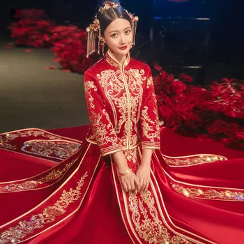 2022 Geleneksel Vintage Kırmızı Nakış Gelin düğün elbisesi Retro Çin Tarzı Rafine Şık Mandarin Yaka Cheongsam
