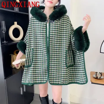 2022 Moda Yeşil Kırmızı Kadın Gevşek Pelerin Balıksırtı Tasarımcı Uzun Sokak Giyim Faux Tavşan Kürk Şapka Panço Ceket cep