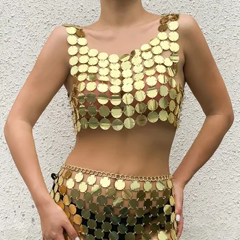 2022 Parlak Pullu Backless Kırpma Üst Kadınlar İçin Plaj Bikini Cover Up Seksi Vücut Zinciri Gece Kulübü Parti Tank Top Kaşkorse