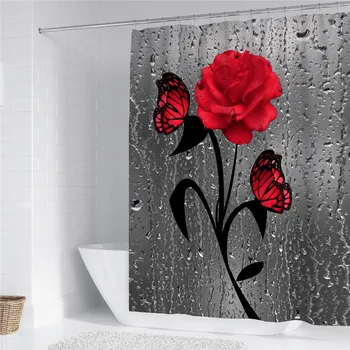 3d Baskı Kelebek Gül Duş Perdeleri Banyo Dekorasyon Su Geçirmez Banyo Duş Perdesi Kaymaz Banyo + 12 Kanca