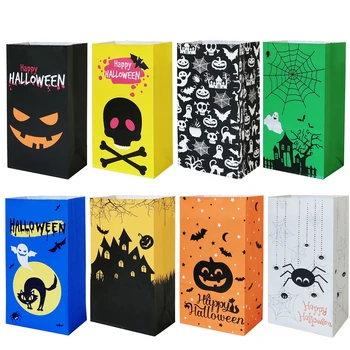 5 Adet Cadılar Bayramı renkli kraft kağıt torba Gıda Çantası Kabak Örümcek Hayalet Kale Siyah Kedi Karikatür Desen Parti Hediye Paketleme