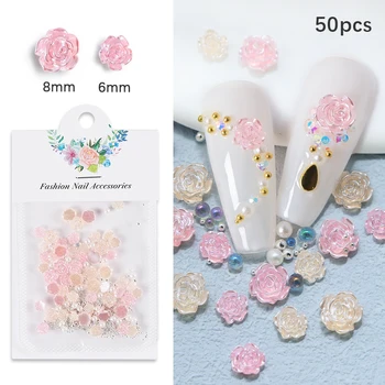 50 Adet Pembe Kamelya Tırnak Takılar Süslemeleri 3D Reçine Gül Çiçek Karışık Metal Boncuk İnci Japon Çivi Malzemeleri Aksesuarları