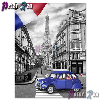 5d manzara Elmas Nakış Paris sokak mavi araba DIY Kare veya yuvarlak Mozaik Çapraz dikiş Taklidi Ev Dekorasyon