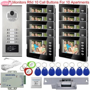 7 inç Renkli Beyaz / Siyah Kapı Zili 10 Monitör Görüntülü Kapı Telefonu Ev Güvenlik Erişim Kontrolü + Elektrikli Strike Kilit Görüntülü İnterkom