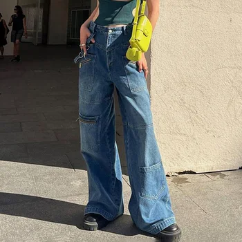90S Estetik Harajuku Y2K Kadın Kot Yüksek Bel Düz Dipleri Vintage Mavi Yığılmış Pantolon Kızlar İçin 2022 İlkbahar Sonbahar
