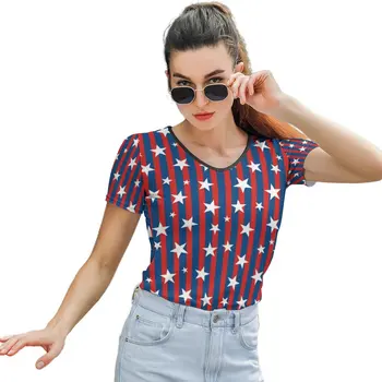 Amerikan bayrağı yıldız kadın kısa kollu tişört Baskılı moda V Boyun yaz Hip Hop Tişörtleri