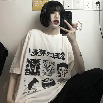 Anime Manga Baskı T Shirt Kadın Kız Yaz Tshirt Ulzzang Kore Tarzı Grafik Tee Üstleri Japon Harajuku beyaz tişört