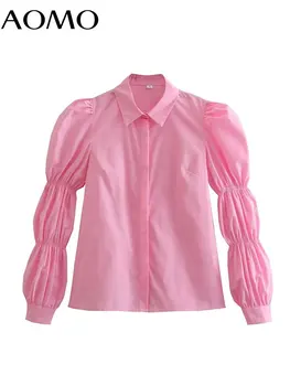 AOMO Kadınlar Yüksek Kalite Pembe Gömlek Bluz Pileli Uzun Kollu Chic Kadın Ofis kadın bluzları QJ52A