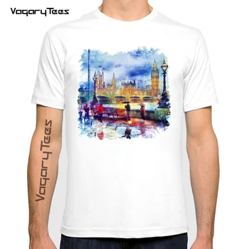 Avrupa ünlü şehir landmark serin t shirt erkek yaz yeni beyaz homme serin geek tshirt Londra Yağmur suluboya Baskı Erkek t-shirt
