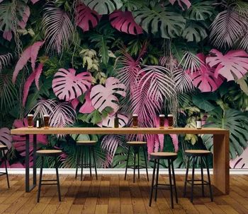 Bacal papel de parede Özel modern moda duvar kağıdı pembe yeşil tropikal yağmur ormanları bitki yaprak arka plan duvar kağıdı