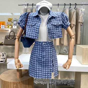 Balıksırtı 2 Parça Set Kadın Kırpma Üst Kısa Ceket Ceket + Kılıf Bodycon Etekler Setleri Kore Moda Streetwear İki Parçalı Takım Elbise
