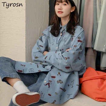 Baskı Gömlek Kadın Japon Tarzı Tüm Maç Vintage Streetwear Harajuku Kawaii Uzun Kollu Üstleri Tasarım Öğrencileri Moda Şık Ins