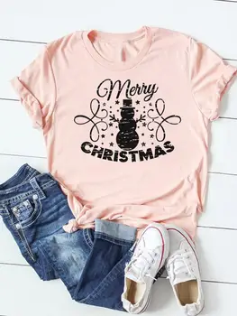 Baskı T Shirt Elbise moda Giyim Mutlu Yeni Yıl Kardan Adam Trend Sevimli Merry Christmas Kadın grafik tişört Üst Temel Tee