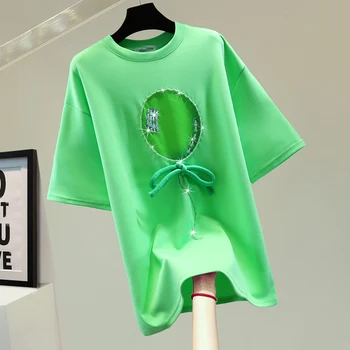 Baskılı kısa kollu tişört 2022 Yaz Kore Gevşek Boncuklu Sequins Orta Uzunlukta T-shirt Üst Kızlar Tshirt Kadın Yeşil T Shirt