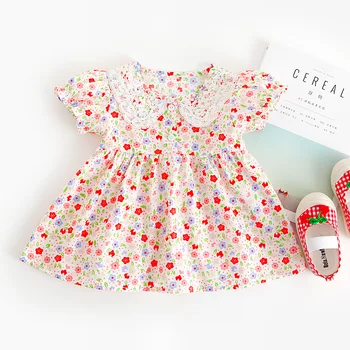 Bebek Kız Elbise Kısa Kollu Moda Çiçek Elbise Dantel Yaka Elbise Çocuklar Kız Rahat Pamuklu Elbise Çocuk Giysileri Zarif Elbise