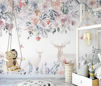 beibehang papel de parede 3d büyük duvar kağıdı duvar el-boyalı İskandinav çiçek geyik çocuk arka plan duvar kağıtları ev dekor