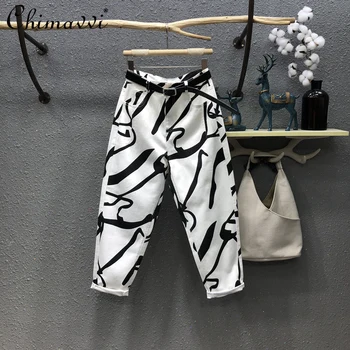Beyaz Düzensiz Desen Baskı Baba Kot kadın Avrupa 2022 Yaz Yeni Moda Yüksek Bel Zayıflama Streetwear dökümlü pantolon