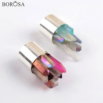 BOROSA Gökkuşağı Aura Kristal Küme Charm Gümüş Renk Doğal Druzy Kuvars Noktası Kadınlar için Kolye Mineraller Takı WX1602