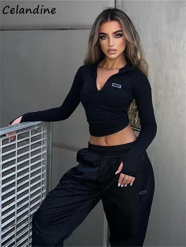 Celandine Y2K Siyah T shirt Kadın Uzun Kollu V Boyun Sıska Kırpma Üstleri 2022 Sonbahar Yeni Tee Seksi Basit 90s E Kız Streetwear