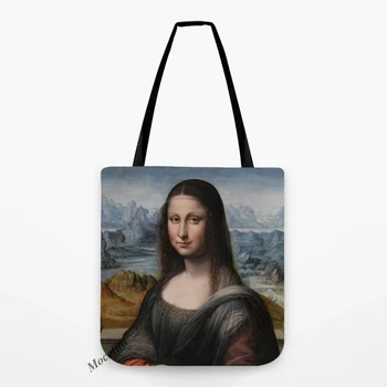 Da Vinci Dünyaca Ünlü Yağlıboya Alışveriş Tote Vintage Mona Lisa Portre Baskı Depolama Rahat Çanta Su Geçirmez Keten Çanta