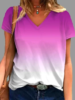 Degrade Renkler Kısa Kollu Bluz Temel Üstleri Kadın Basit Rahat V Yaka T Shirt Yaz Moda Kadın Tees vintage tişört
