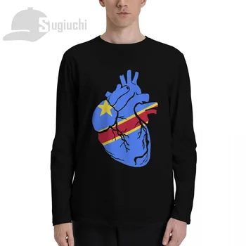 DRC Kongo Anatomik Kalp Şekli Ülke Bayrağı Uzun Kollu %100 % Pamuk T Shirt Erkek Kadın Unisex Giyim LS T-Shirt Tees
