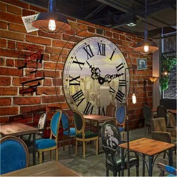 Duvar kağıdı 3D Avrupa Retro Endüstriyel Rüzgar Saati Kırmızı Tuğla Duvar Bar Kahve Dükkanı arka plan duvar dekoru Duvar Kağıdı 3D