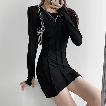 Ekip Boyun Uzun Kollu Skinny Düzensiz Elbise Kadın Kore Sıcak Kız Seksi Ekleme Paket Kalça Mini Elbiseler U937