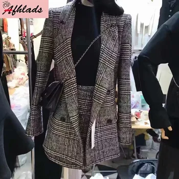 Ekose Kış Ve Sonbahar kadın ceketi iki Parçalı Set Zarif Resmi sıcak tutan kaban Ceket Üst + Bodycon Etek İki Parçalı Set