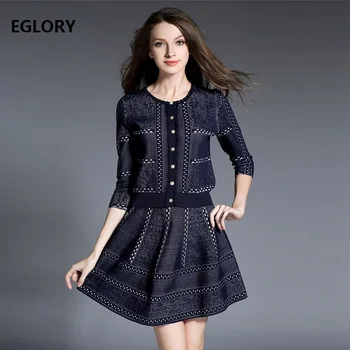 En Kaliteli kadın Seti Kazak Etek Takım Elbise Sonbahar Bahar Örme Hırka Ceket + a-line Mini Etek Takım Elbise Bayanlar İki Parçalı Set