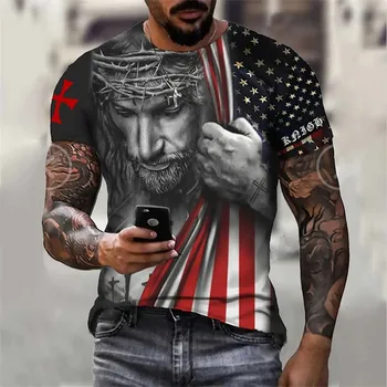 Erkek İsa Mesih çapraz 3d baskılı tişört yaz rahat tüm maç moda kısa kollu büyük boy yuvarlak boyun streetwear