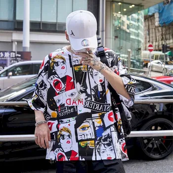 Erkek pamuk kısa kollu tişört graffiti baskı hip-hop tarzı Kore gevşek kişilik streetwear moda serin moda üst