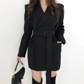 Fad Sonbahar Kış kadın Uzun Takım Elbise Blazer Çentikli İnce Katı Casual Kadın Ceket Sashes İle Ofis Bayanlar Vintage Dış Giyim