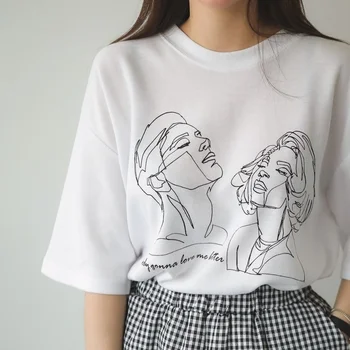 Fashionshow-JF Kadın Kore Moda Sanat Çizim T-Shirt Sevimli Ulzzang Büyük Boy beyaz tişört Sokak Tarzı Gömlek