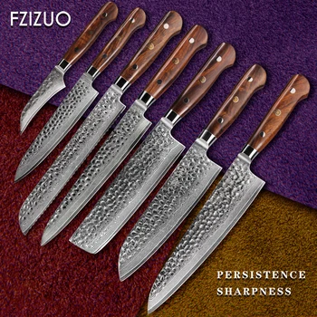 FZIZUO Tam Tang VG10 Şam Çelik Yedi Parçalı Set Mutfak Bıçakları şef bıçağı Soyma Santoku Cleaver Maket Bıçağı Pişirme Aracı