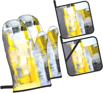Fırın Eldiveni ve tutacak Setleri 4 Gri Sarı Modern Sanat Soyut Mutfak Potholder Eldiven İsıya Dayanıklı Kaymaz Şef için