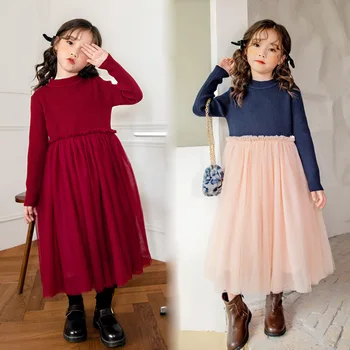 Genç Kızlar 2021 Bahar Yeni Örgü Patchwork Prenses Elbise Kore Tarzı Çocuk Örgü Giyim Moda Zarif, #9265