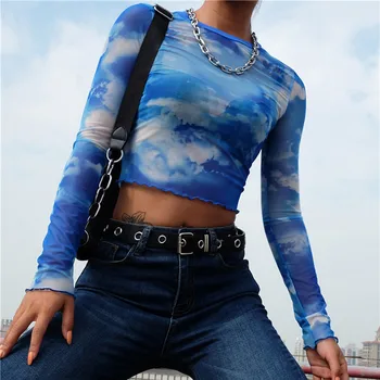 Gökyüzü Ve Bulutlar Baskı Streç Hip Hop Kısa T Shirt Kadın Uzun Kollu O Boyun Kırpma Üstleri Streetwear Moda Giyim Kadın T-Shirt