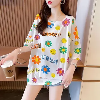 Gülümseme Üstleri Kadın Büyük Boy T Shirt 2023 Gevşek kısa kollu tişört Kadınlar için Kore Bluzlar T-shirt Kawaii T-shirt Kadın Üst